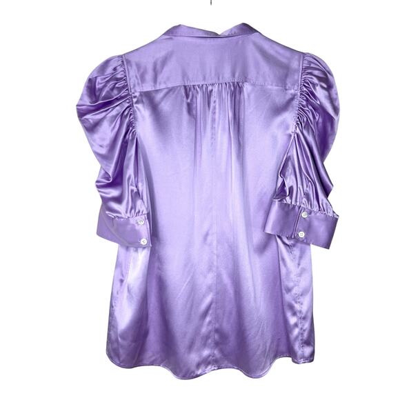 FRAME Gillian Top Silk Lilac Purple Button Front Ruched Puff Sleeve MEDIUM Satin - Picture 6 of 7